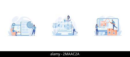 Developer working on web app on smartphone, user offline, tiny people, Marketing strategist with laptop working with video content, Bloggers with magn Stock Vector