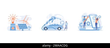 Eco friendly electricity, Eco friendly transport, healthy fuel, decaying combustible, Service technicians with big wrench repairing smartphone screen Stock Vector