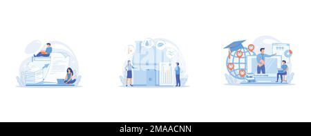 Specialists work with laptop digital data, tiny people, Home automation system, domotics, Distance university students flat characters watching tutori Stock Vector