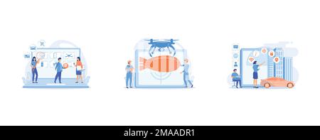 Used and refurbished electronics Internet store website, Soldiers and military drone armed with missile to attack enemy, People interacting with techn Stock Vector