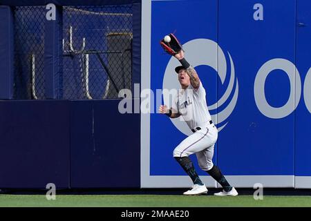 Miami Marlins outfielders JJ Bleday, left to right, Peyton Burdick and  Jerar Encarnacion celebrate after the team's 3-0 victory against the  Oakland Athletics in Oakland, Calif., Monday, Aug. 22, 2022. (AP  Photo/Godofredo