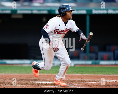 Cleveland Guardians' Jose Ramirez bats against the Seattle Mariners during  the first inning of a baseball game, Friday, April 7, 2023, in Cleveland.  (AP Photo/Ron Schwane Stock Photo - Alamy