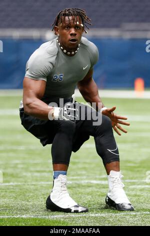 Linebacker Ifeanyi Augustine Nwoye, of Nigeria, takes part in the NFL  International Combine at the Tottenham Hotspur Stadium in London, Tuesday,  Oct. 4, 2022. International athletes on Tuesday are taking part in