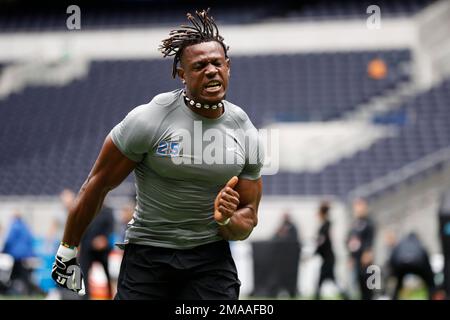 Linebacker Ifeanyi Augustine Nwoye, of Nigeria, takes part in the NFL  International Combine at the Tottenham Hotspur Stadium in London, Tuesday,  Oct. 4, 2022. International athletes on Tuesday are taking part in