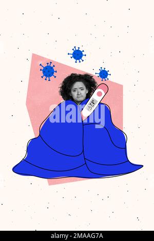 Vertical collage image of unsatisfied black white colors girl covered blanket measure high temperature painted virus bacteria Stock Photo