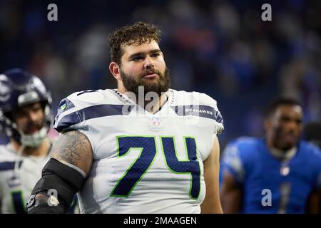 Seattle Seahawks offensive tackle Jake Curhan (74) during an NFL football  game against the Arizona Cardinals, Sunday, Oct. 16, 2022, in Seattle, WA.  The Seahawks defeated the Cardinals 19-9. (AP Photo/Ben VanHouten