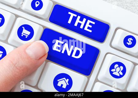 Conceptual caption The End. Business overview Final part of play relationship event movie act Finish Conclusion Stock Photo