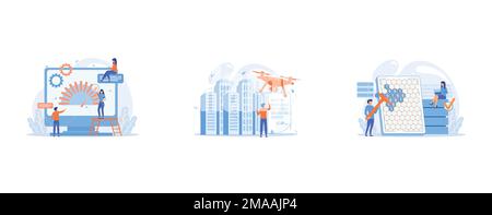 Tiny business people look at product performance indicator, Businessman with drone reading document with regulations, Tiny people, scientists at table Stock Vector