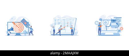 Businessman with remote control watching targeted TV ads, Tiny business people and manager at tasks and goals accomplishment chart, Controller reading Stock Vector