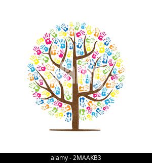 Abstract hand prints tree silhouettes circle Stock Vector
