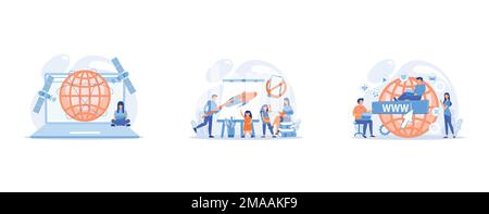 Boy use wireless Internet, teenager pastime, freelance job, Tiny people parents paint and read books with children and no smartphone sign, Tiny busine Stock Vector