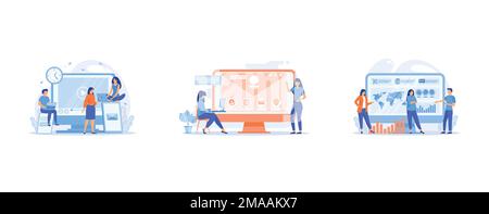 Tiny business people watching at digital devices screens and clock, Web developer working on company website, tiny people, Tiny business people build Stock Vector