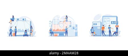 Electronic device for measuring number passageway people, Work performance on schedule, Waiting room with ticket system, set flat vector modern illust Stock Vector