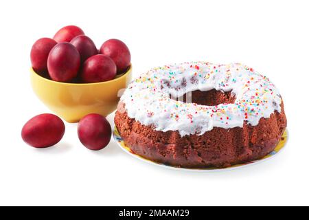 Painted eggs and Easter cake isolated on white background Stock Photo