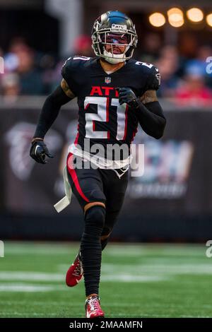 Atlanta Falcons safety Dean Marlowe (21) warms up before a preseason NFL football  game against the New York Jets Monday, Aug. 22, 2022, in East Rutherford,  N.J. (AP Photo/Adam Hunger Stock Photo - Alamy