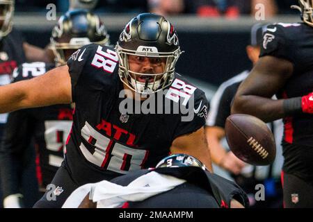 Atlanta Falcons defensive tackle Abdullah Anderson (98) watches a fumble  during the first half of an NFL football game against the Cleveland Browns,  Sunday, Oct. 2, 2022, in Atlanta. The Atlanta Falcons