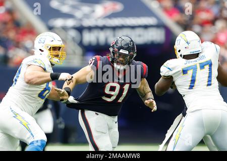 Houston Texans defensive tackle Roy Lopez (91) after an injury during the  second half of an NFL football game against the Cleveland Browns, Sunday,  Sept. 19, 2021, in Cleveland. (AP Photo/David Richard