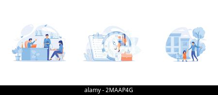 Business people working in modern eco-friendly office with plants and flowers, A freelance developer sitting on the clock hands with a laptop, Physiot Stock Vector
