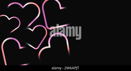 Random neon colored heart shapes on black background with copy space for text. Cool lovely 3d wide Valentines day banner template in y2k style Stock Vector