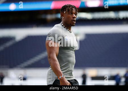 Linebacker Ifeanyi Augustine Nwoye, of Nigeria, takes part in the NFL  International Combine at the Tottenham Hotspur Stadium in London, Tuesday,  Oct. 4, 2022. International athletes on Tuesday are taking part in