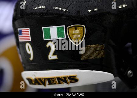 A Baltimore Ravens helmet is seen on the bench during the first half of an NFL  football preseason game against the Jacksonville Jaguars, Thursday, Aug. 8,  2019, in Baltimore. (AP Photo/Nick Wass