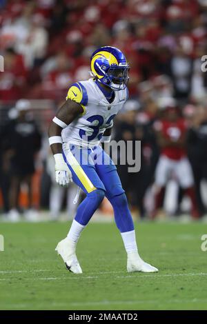 Los Angeles Rams safety Nick Scott (33) runs during an NFL football game  against the Atlanta Falcons Sunday, Sept. 18, 2022, in Inglewood, Calif.  (AP Photo/Kyusung Gong Stock Photo - Alamy