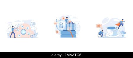 Two users searchig for big data in the cloud, Protection shield with lock, magnifier and users working with protected data, A man sitting tired at the Stock Vector