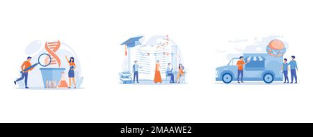 Scientists with magnifier looking at huge DNA in the pot, Tiny people high school students in dresses and suits chatting at promenade dance, Business Stock Vector