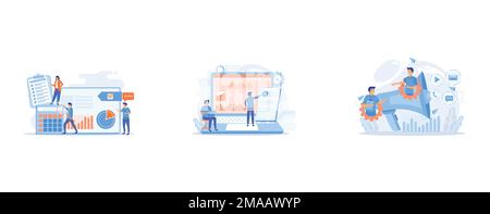 Tiny people auditors, accountant with magnifier during examination of financial report, Social media specialists manage multiple accounts on huge lapt Stock Vector