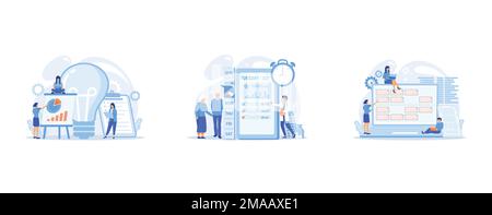 Business people analyzing and lightbulb, Smart, digital perscribed pill, remedy boxes, Tiny people developers at laptop and customer requirements., se Stock Vector