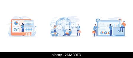 Digital marketing strategist working with digital technologies and media, Worldwide business, international company branches, Data analysis, business Stock Vector