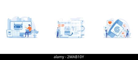 User with computer, laptop and tablet screens with chatbot and digital habits, Speech-to-text app, voice recognition application, Smartwatch with appl Stock Vector