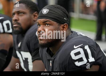 Las Vegas Raiders defensive tackle Bilal Nichols (91) during the first half  of an NFL football game against the Denver Broncos, Sunday, Oct 2, 2022, in  Las Vegas. (AP Photo/Rick Scuteri Stock Photo - Alamy