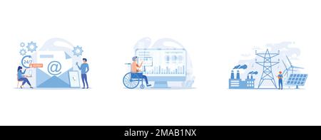 Email marketing, Internet chatting, 24 hours support, Handicapped man in wheelchair, Engineer choosing power station with solar panels and wind turbin Stock Vector