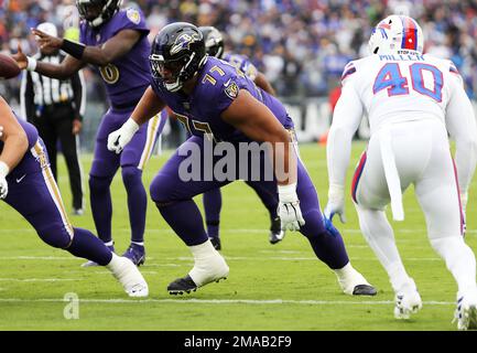 Baltimore Ravens offensive tackle Daniel Faalele (77) looks on