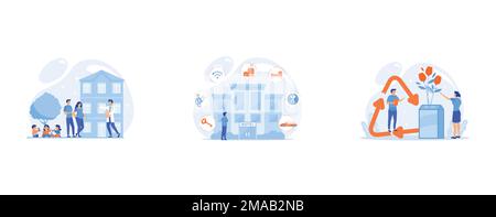 Family phisician with husband, pregnant wife and playing children, Luxurious inn, accommodation booking, Business people reuse milk carton as vase cre Stock Vector