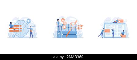 Brain with tasks and users with laptops planning, Developer working with management information system, Team members moving cards on large kanban boar Stock Vector