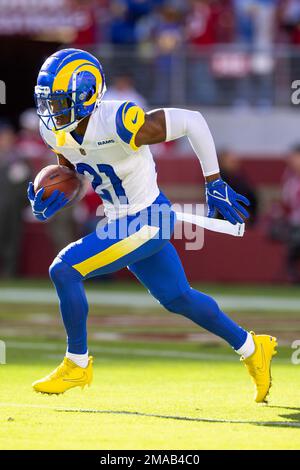 Defensive back (21) Russ Yeast of the Los Angeles Rams warms up before  playing against the San Francisco 49ers in an NFL football game, Monday,  Oct. 3, 2022, in Santa Clara, Calif. (