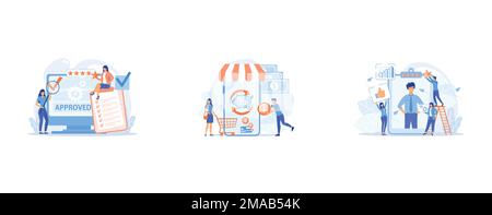 Approval mark, Cost saving, Personal development and self improvement course, set flat vector modern illustration Stock Vector