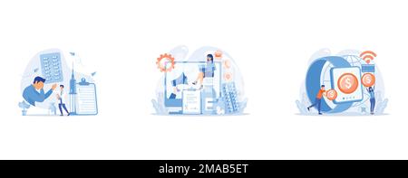 Doctors and male patient with rush on skin allergic to pills and a syringe, Pharmaceutical representative with laptop sitting on medicine jar, Users s Stock Vector