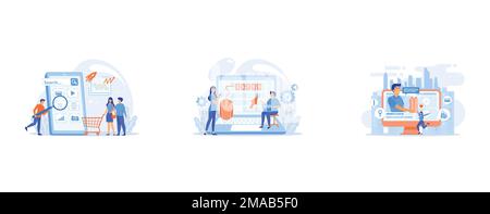 Ecommerce, internet shopping promotion campaign, Marketers analyzing digital marketplace, Targeted social media ads, set flat vector modern illustrati Stock Vector