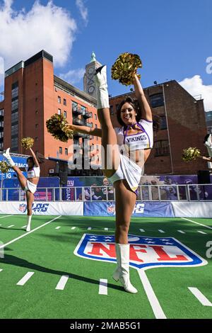 Vikings Cheerleaders perform on stage during the Fan event on the Southbank  of the River Thames with activities and an NFL shop on Saturday, Oct. 01  2022 in London (AP Photo/Ant Upton