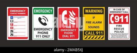 Emergency contact sign instructions vector set. Five different version. Stock Vector