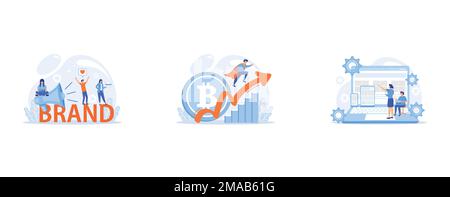 Company identity, marketing and promotional campaign, Virtual money capitalization rise, Adaptive mobile app interface, web optimization, set flat vec Stock Vector