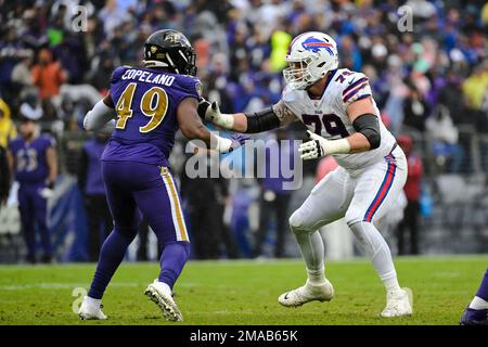 Baltimore Ravens linebacker Brandon Copeland (49) walks off the field at  halftime of an NFL football game against the New England Patriots, Sunday,  Sep. 25, 2022, in Foxborough, Mass. (AP Photo/Stew Milne