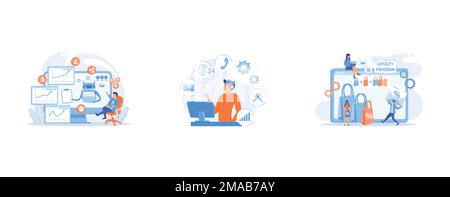 Cryptocurrency mining software, artificial intelligence for e business, Clients assistance, call center, hotline operator, consultant manager, Shoppin Stock Vector