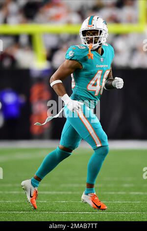 Miami Dolphins cornerback Nik Needham (40) walks onto the field with the  team before the start an NFL pre-season football game against the Atlanta  Falcons, Friday, Aug. 11, 2023, in Miami Gardens