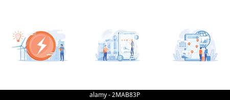 Engineer working with wind turbines producing green energy, light bulb, Booking accommodation mobile application, Travel destination choosing, accommo Stock Vector