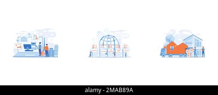 Online hotel booking system, Numbers meaning explanation, Home relocation, client boxes and cardboard containers in truck, set flat vector modern illu Stock Vector