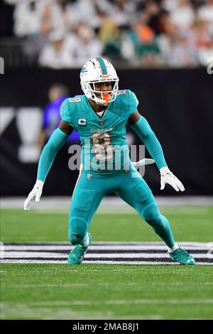 Miami Dolphins safety Jevon Holland (8) defends in the third